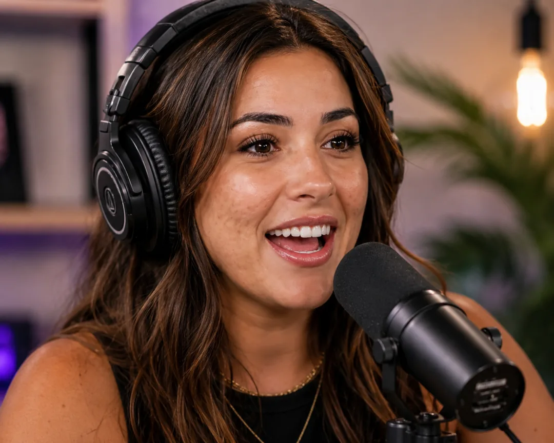The same podcaster after VanityFilter: skin naturally smoothed, freckles softened, hair and headphones untouched